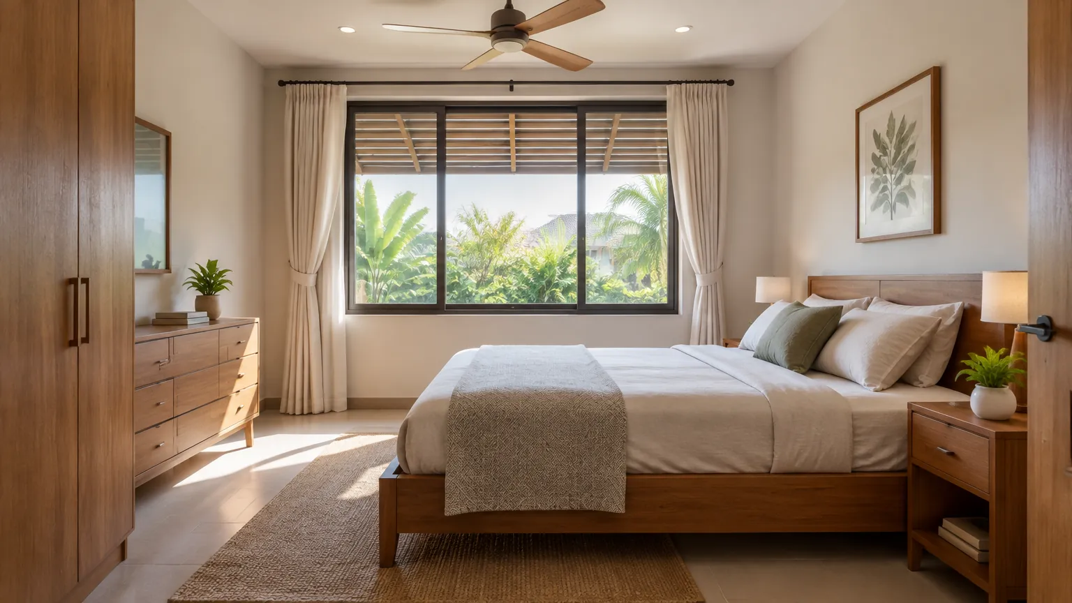 Kamar tidur dengan jendela, kipas plafon, lemari kayu dan tempat tidur.
