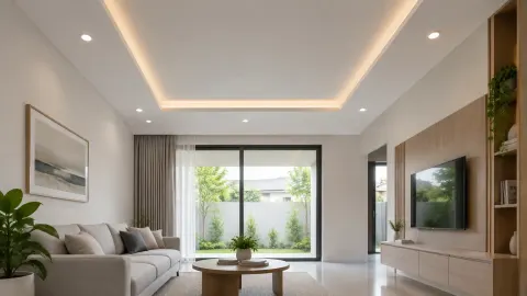 Ruang tamu minimalis dengan plafon bertingkat dan lampu tersembunyi