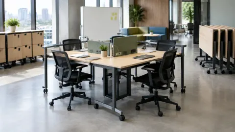 Susunan meja dan kursi modular pada kantor terbuka