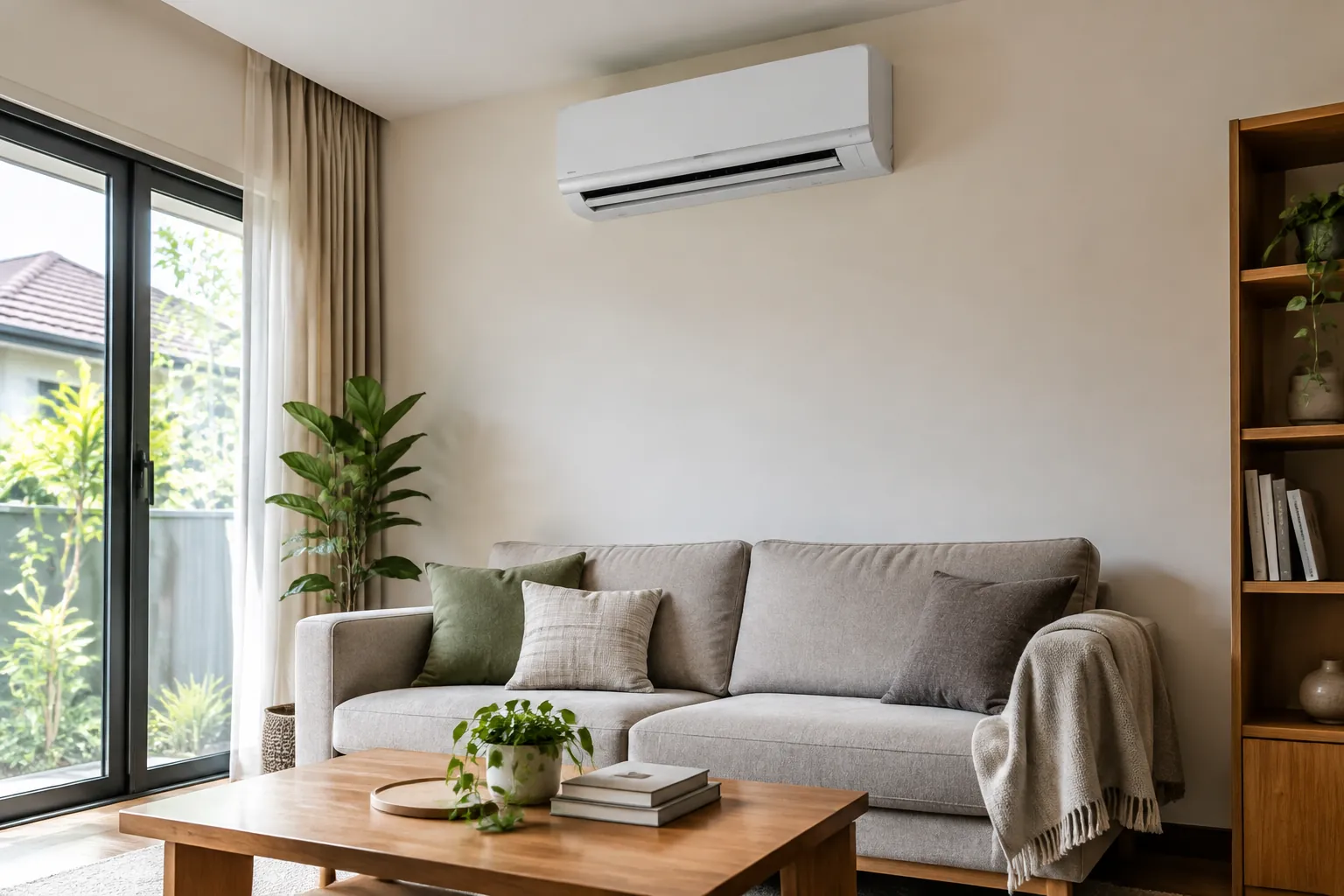 Unit AC split terpasang di atas sofa ruang keluarga