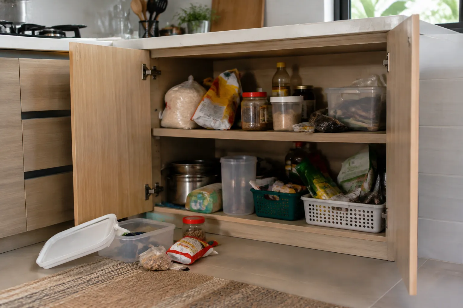 Kabinet dapur terbuka memperlihatkan perlengkapan yang tidak tertata