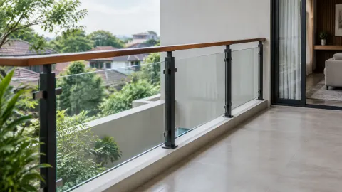 Railing kaca dengan pegangan kayu pada balkon