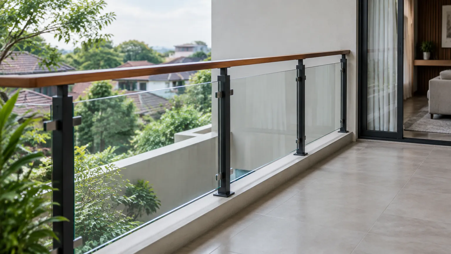 Railing kaca dengan pegangan kayu pada balkon