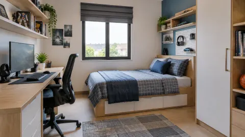 Kamar remaja dengan tempat tidur, meja kerja, dan rak