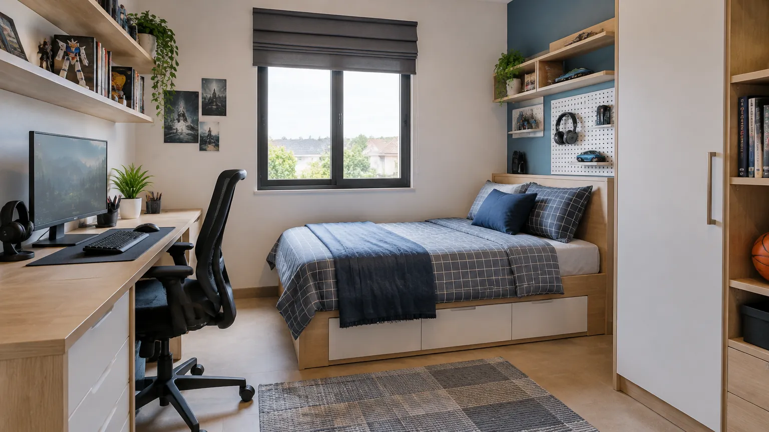 Kamar remaja dengan tempat tidur, meja kerja, dan rak