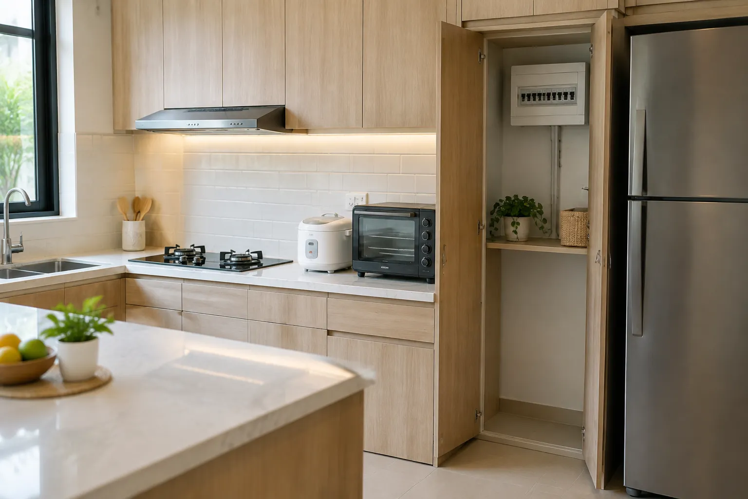 Panel pemutus listrik berada dekat area kulkas dapur