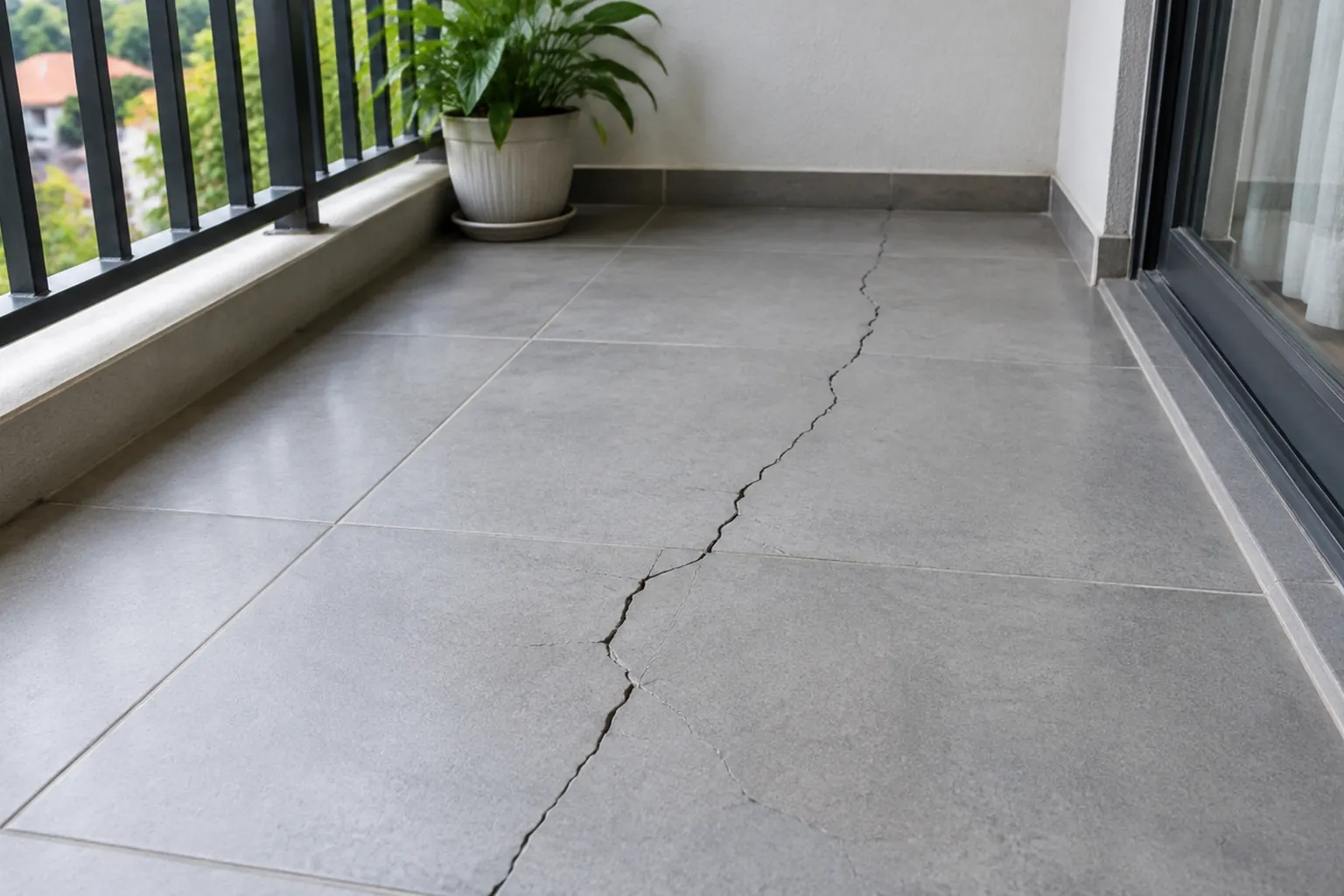 Retakan panjang pada lantai keramik balkon