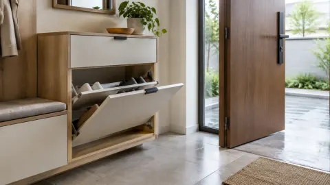 Kabinet sepatu dengan pintu lipat terbuka di foyer