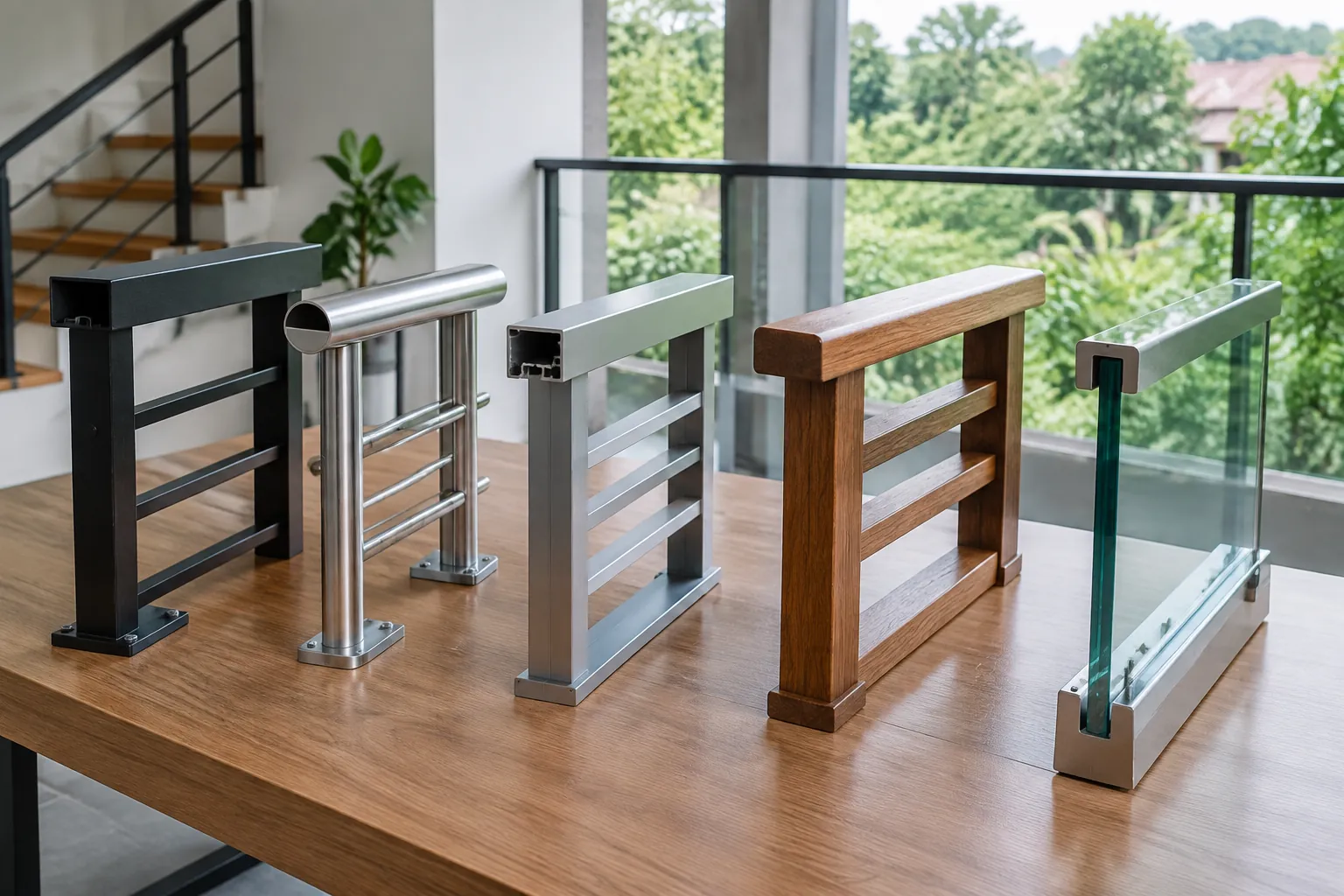 Contoh railing dari logam, kaca, dan kayu disusun di atas meja