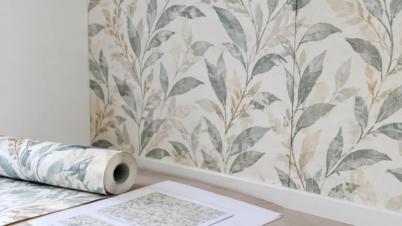 Gulungan wallpaper bermotif daun di depan dinding