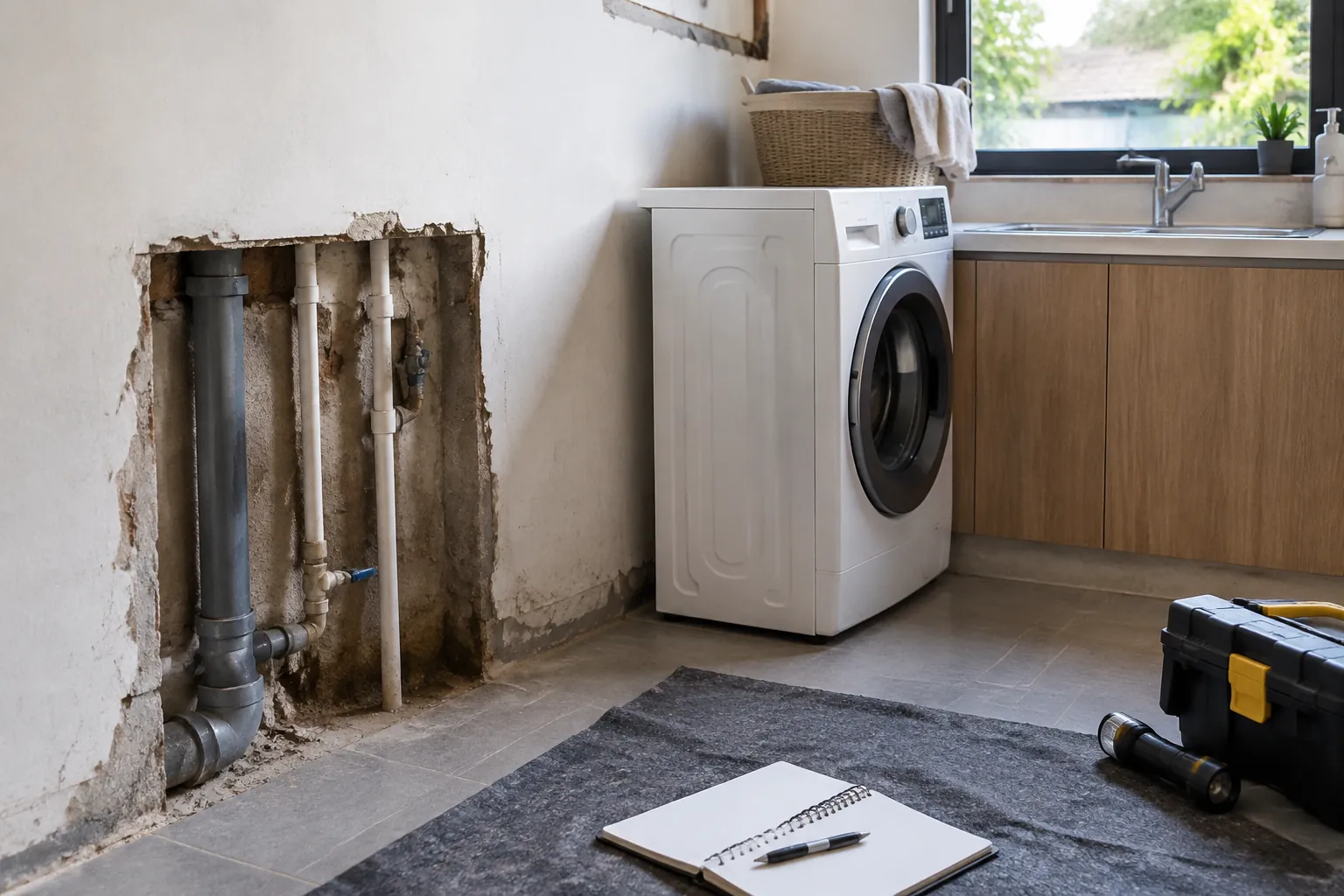 Dinding laundry terbuka memperlihatkan pipa di samping mesin cuci