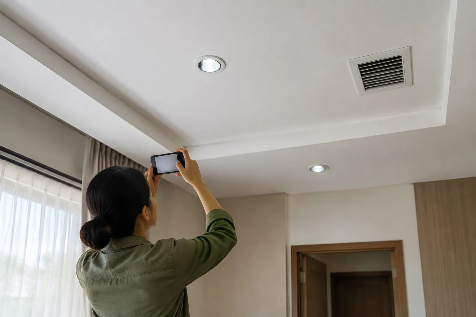 Seseorang mengamati plafon gypsum dekat lampu dan ventilasi