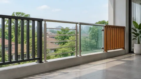 Beberapa jenis railing terpasang berdampingan di balkon