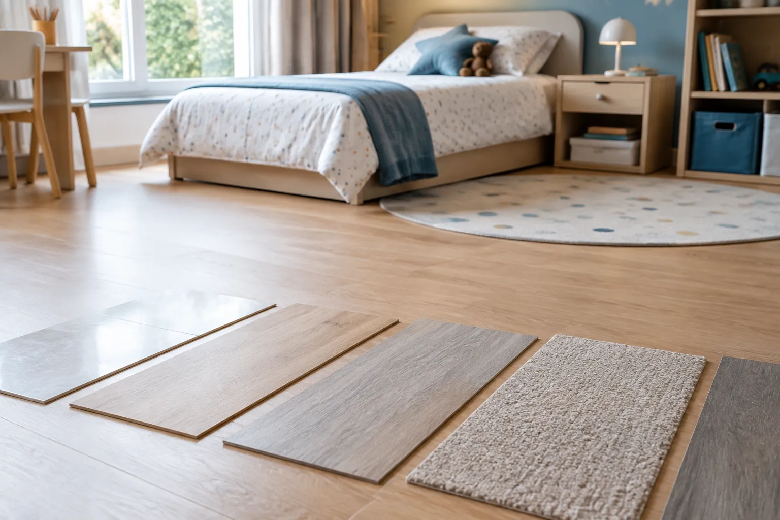 Contoh papan lantai dan karpet diletakkan di lantai kamar anak