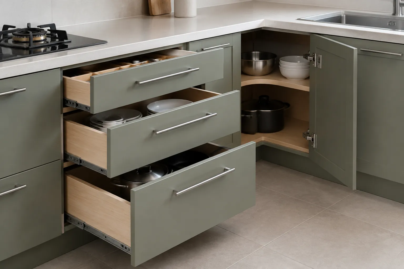 Laci kitchen set terbuka memperlihatkan susunan penyimpanan