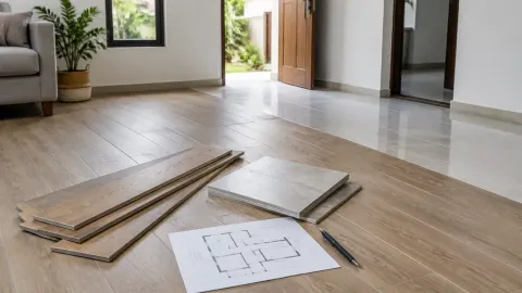 Contoh papan lantai dan ubin di atas lantai rumah