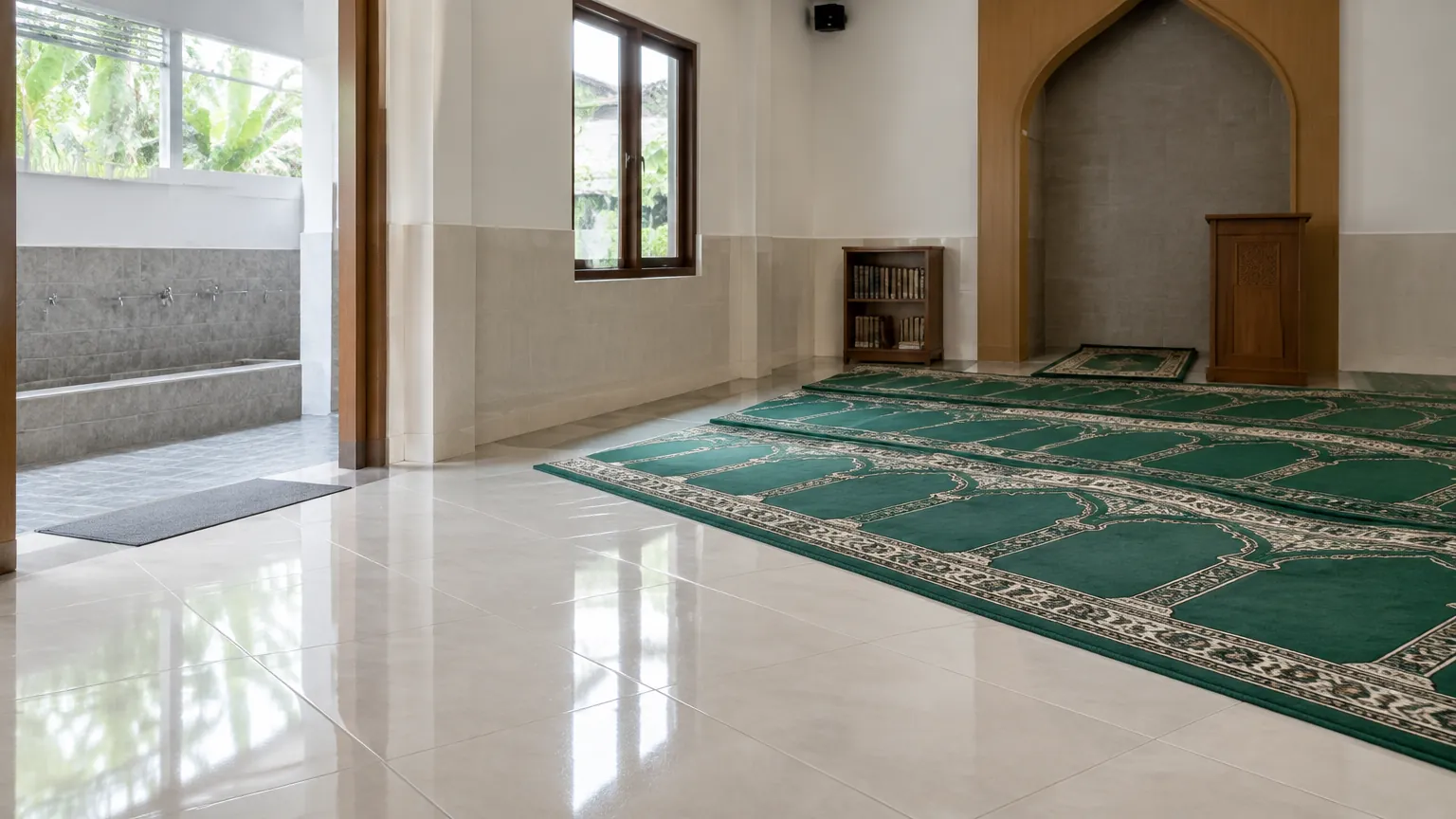 Lantai terang di batas ruang musala dan area wudu