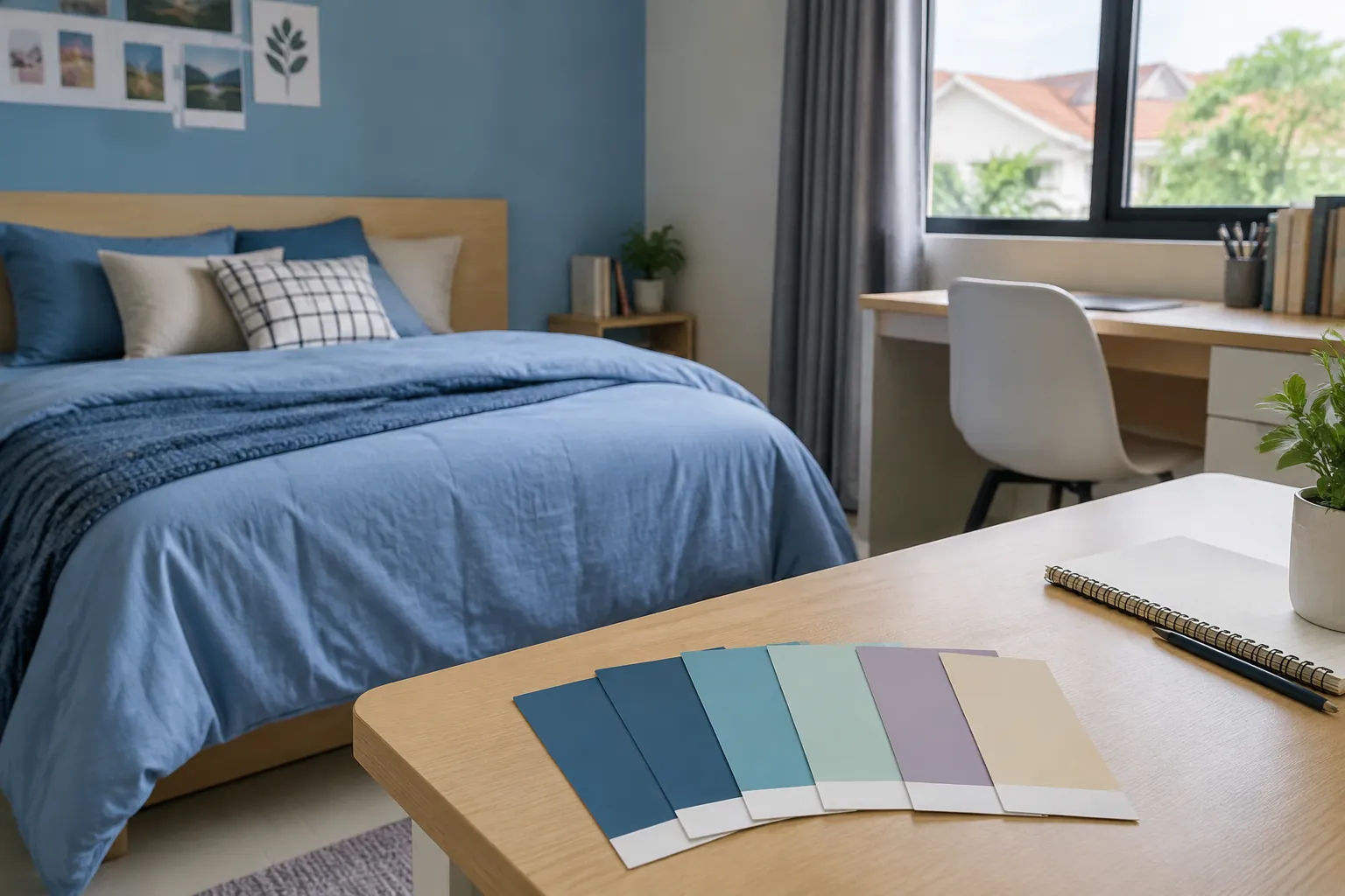 Kipas sampel warna di depan kamar tidur remaja