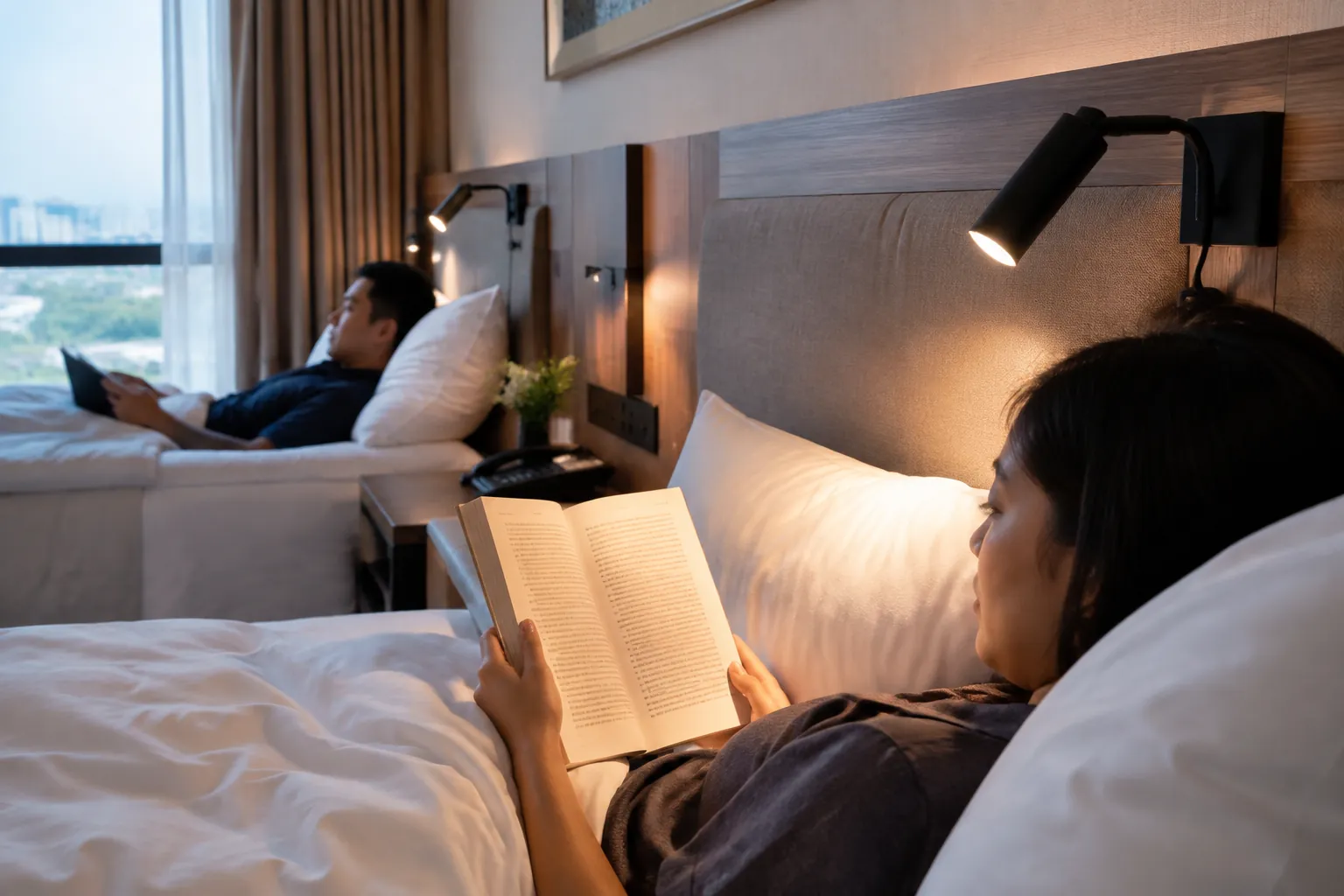 Tamu membaca dengan lampu di samping tempat tidur