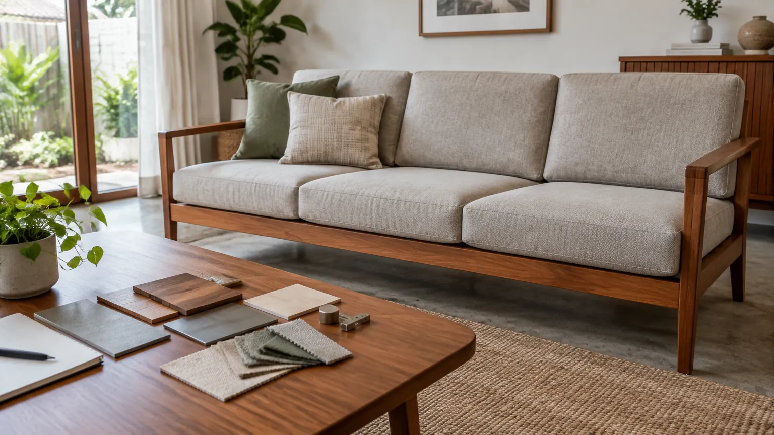 Sofa berbingkai kayu dan contoh bahan di meja ruang tamu
