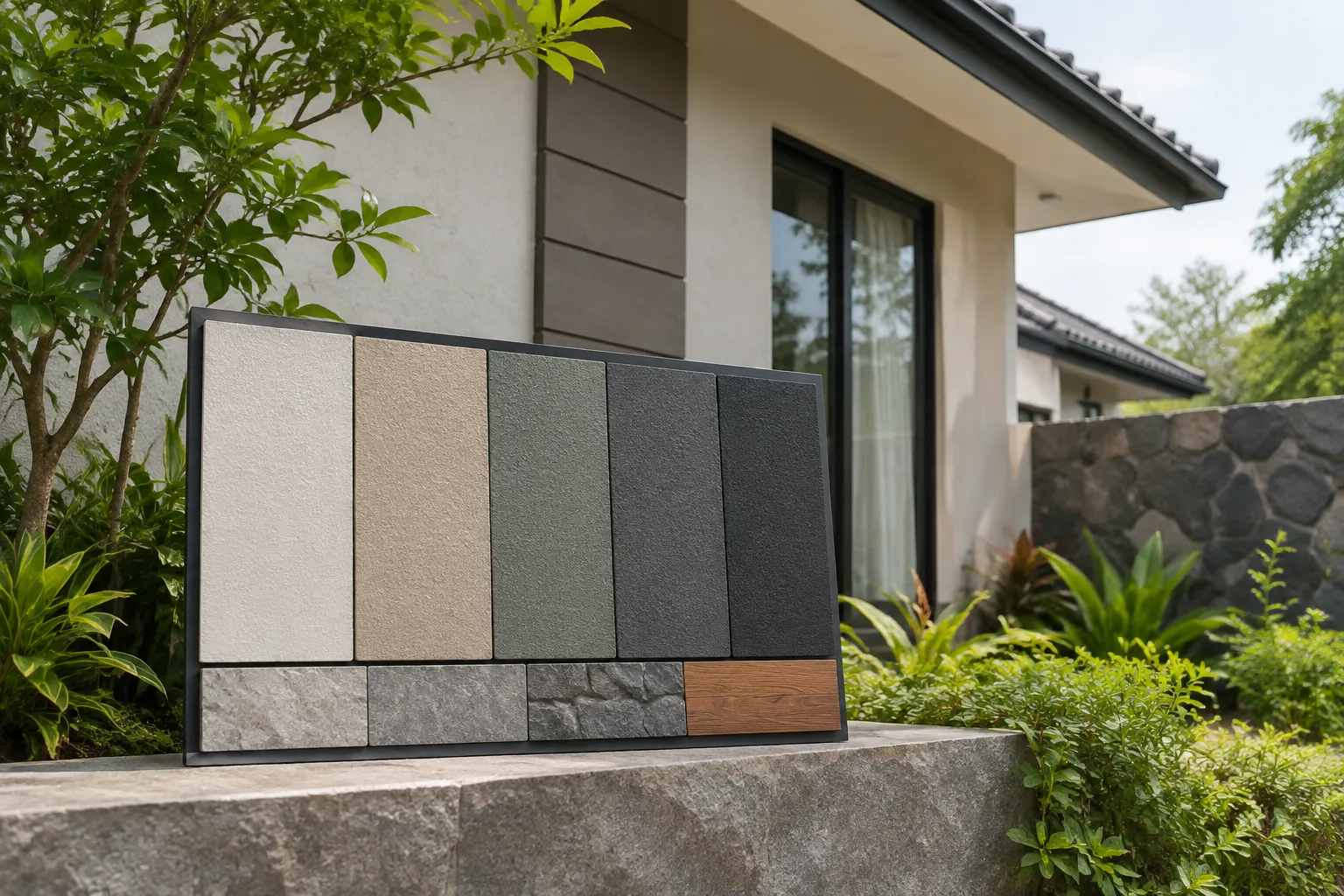 Contoh warna fasad di depan rumah dan taman