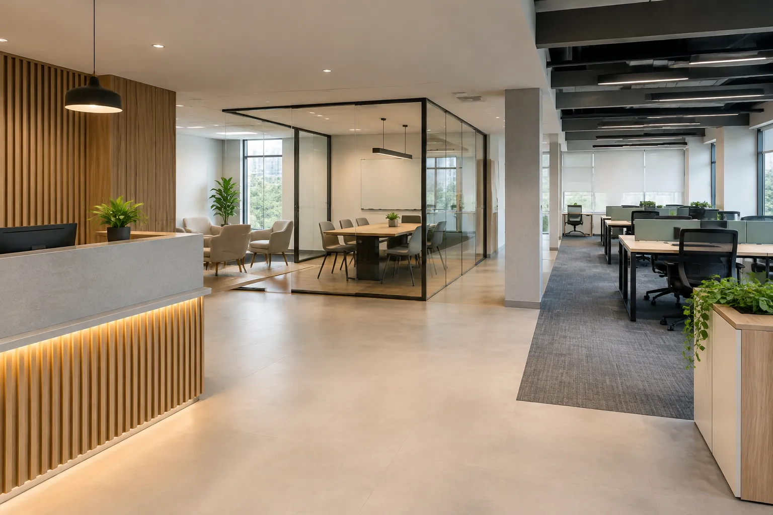 Ruang kantor memiliki area kerja, meja pertemuan dan area duduk terpisah