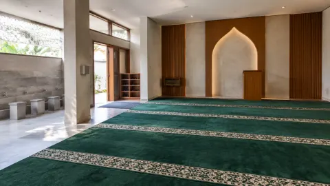 Kolam renang rumah dengan karpet hijau di ruang terdekat