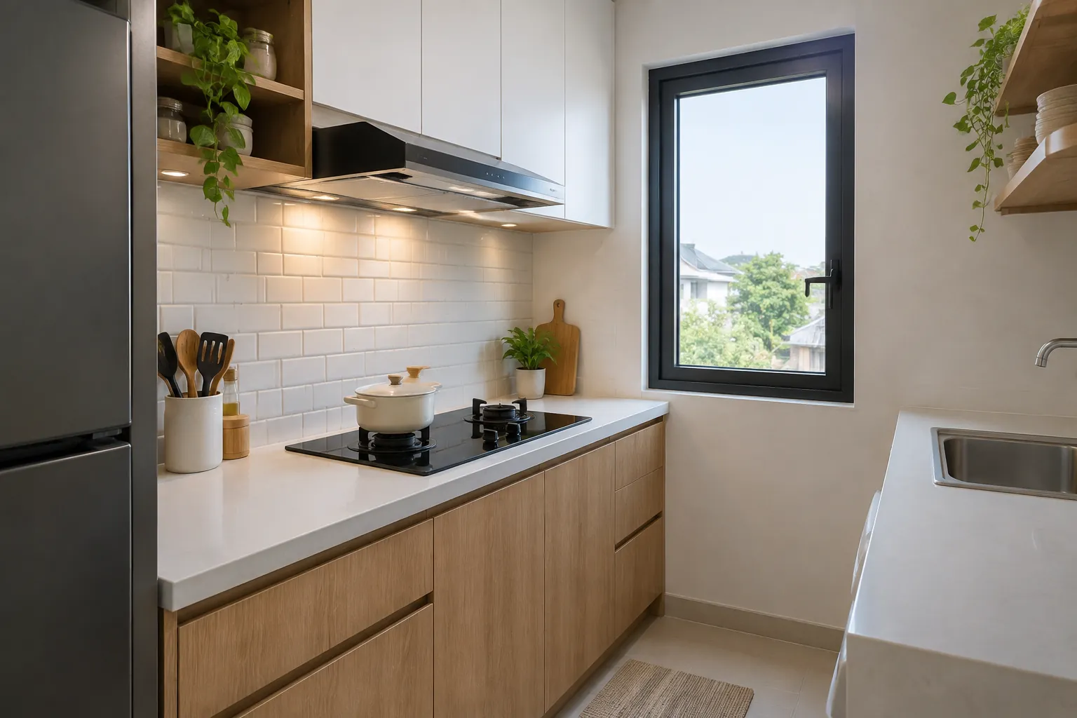 Dapur kecil dengan kompor, pengisap asap, dan jendela.