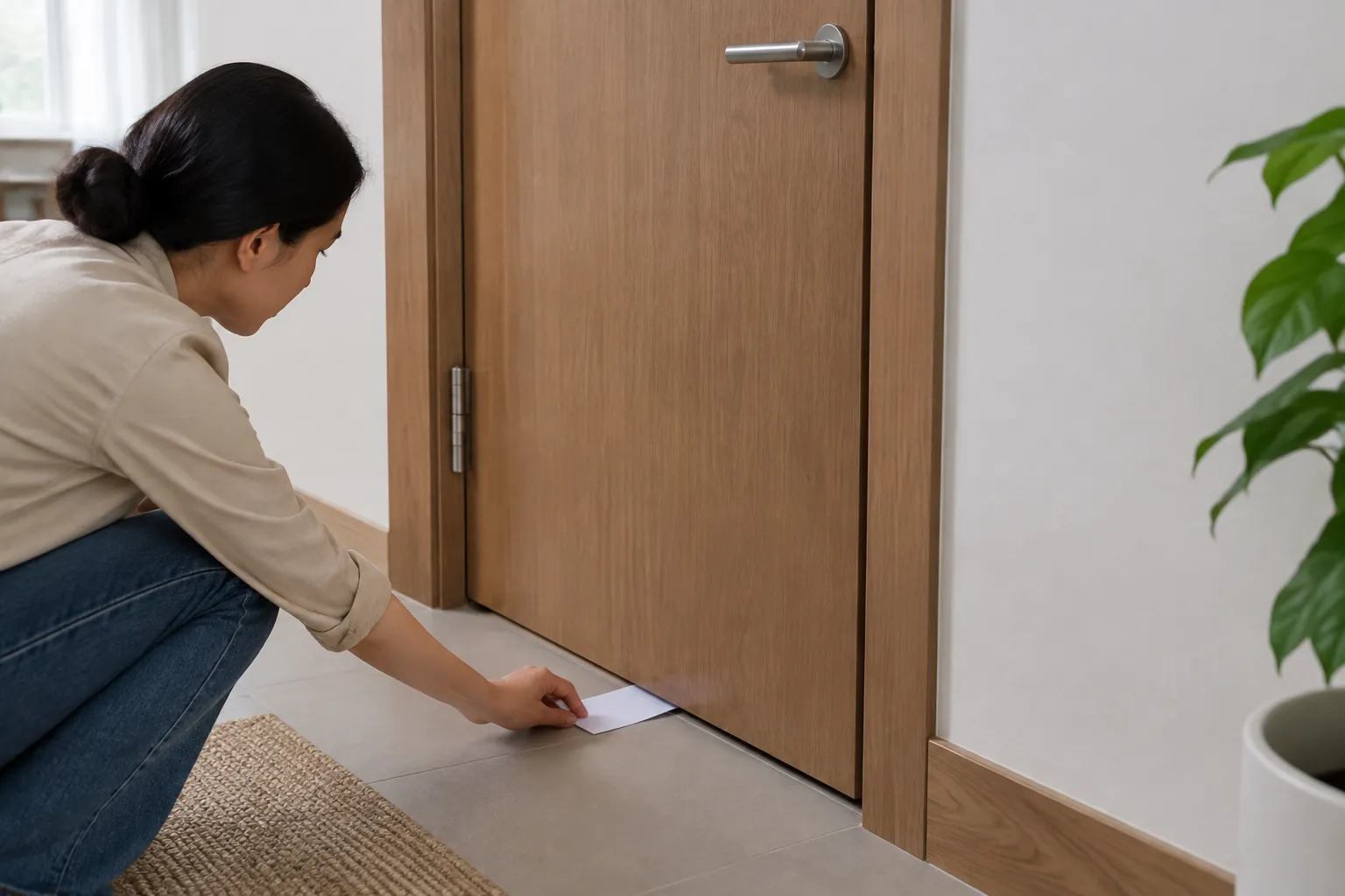 Seseorang memeriksa celah bawah pintu dengan penggaris