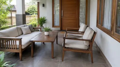 Teras dengan sofa kayu, meja, dan kursi di dekat pintu rumah