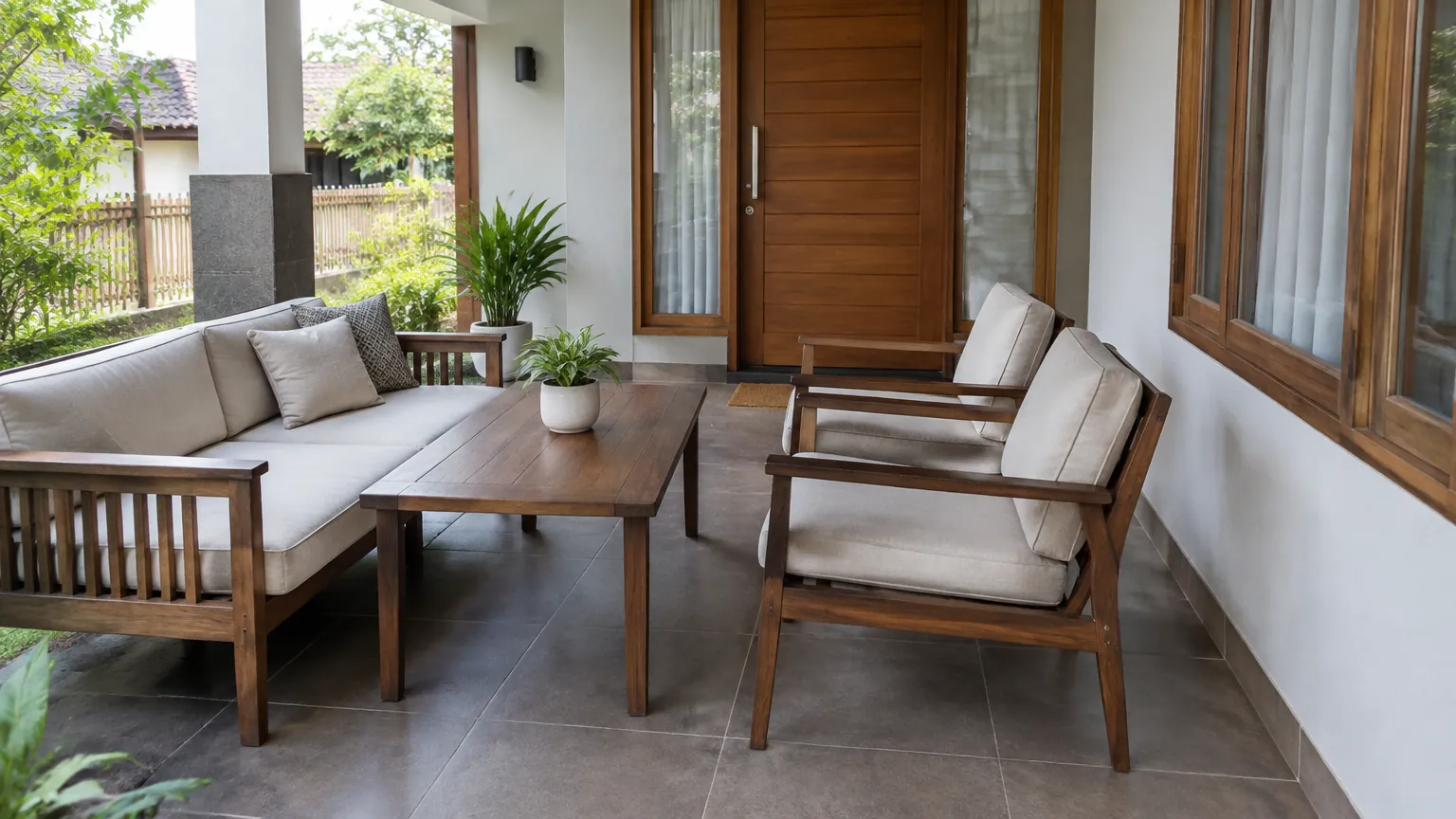 Teras dengan sofa kayu, meja, dan kursi di dekat pintu rumah