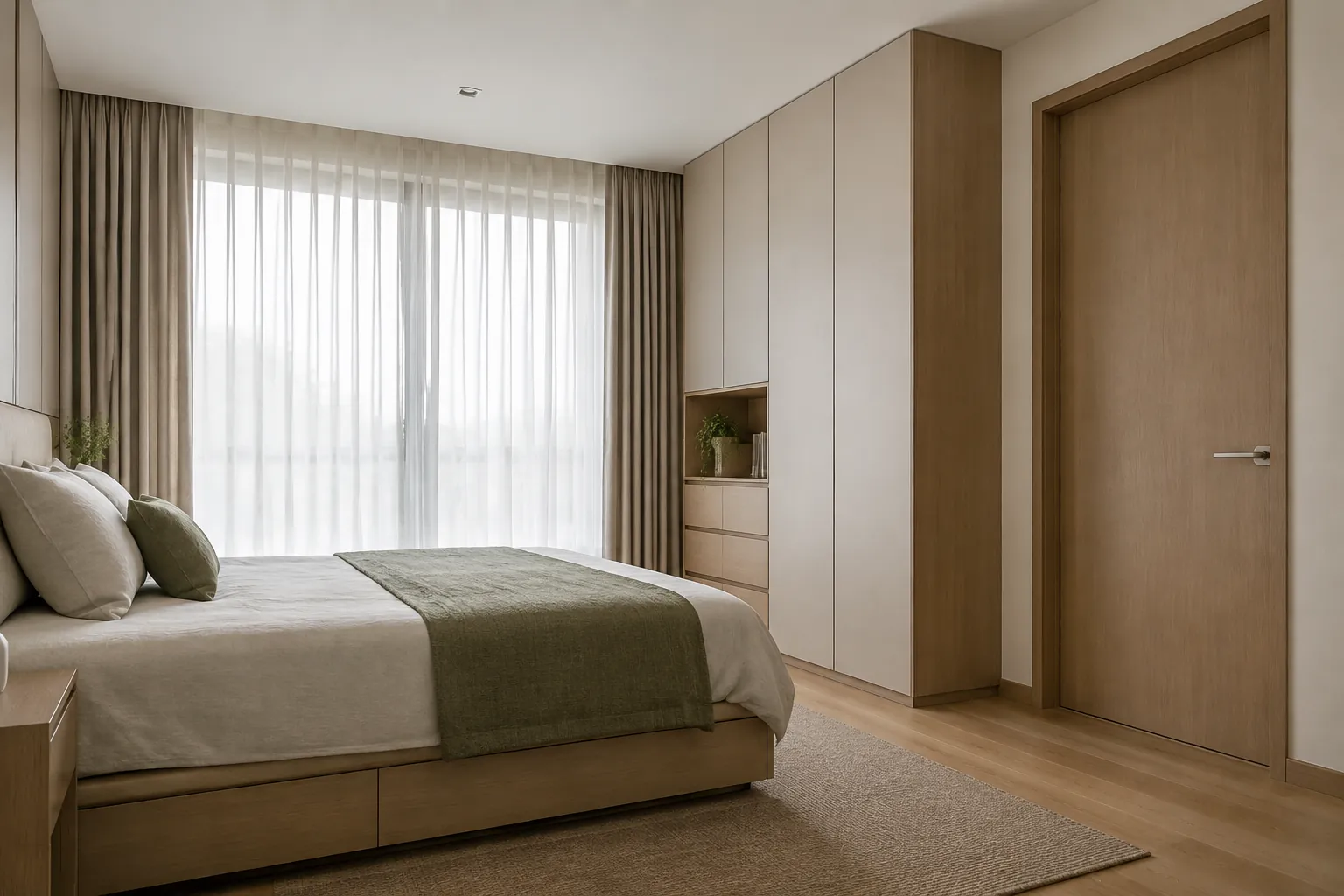 Kamar tidur dengan lemari setinggi plafon