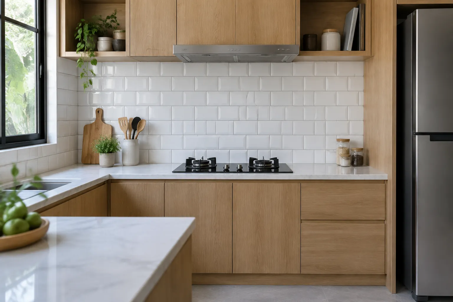 Ubin putih berbentuk persegi panjang terpasang sebagai backsplash dapur