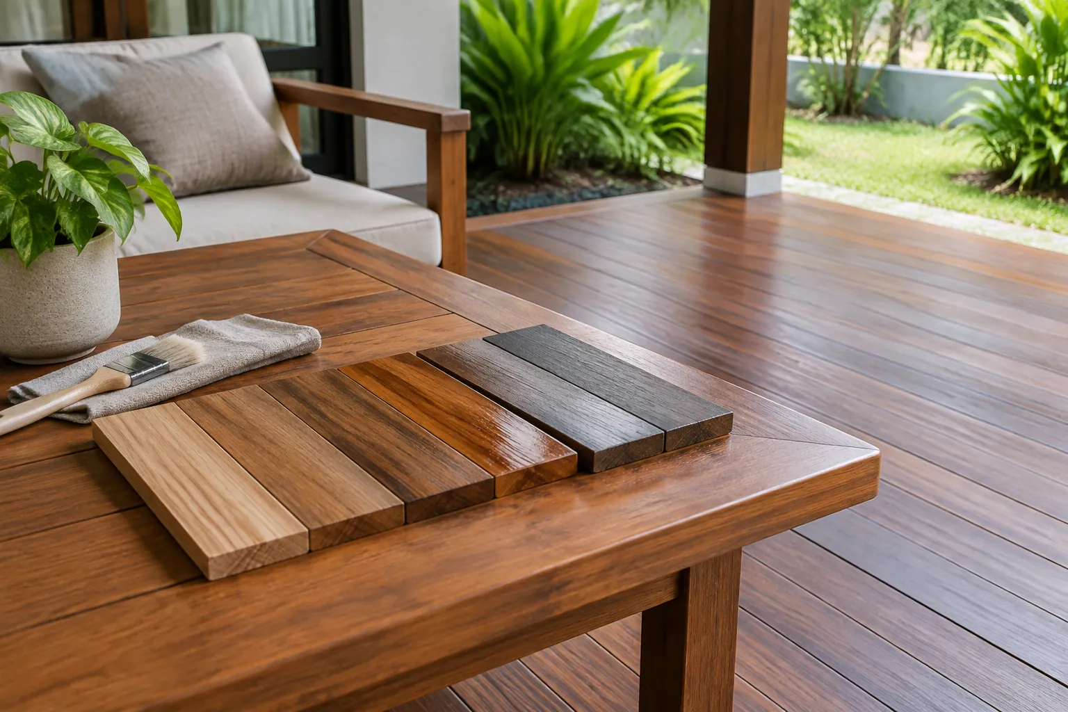 Contoh papan kayu tersusun di meja pada teras