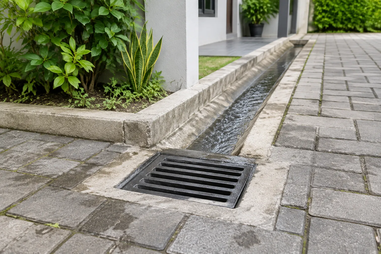 Saluran drainase pada tepi halaman dan jalur rumah