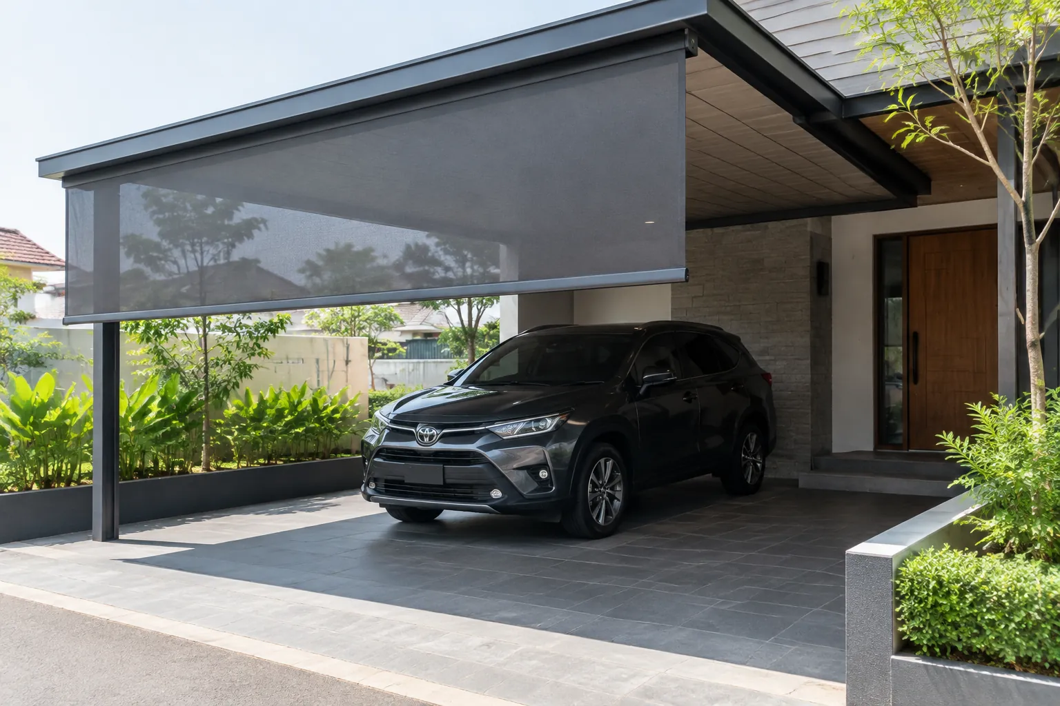 Peneduh gulung di bagian depan carport