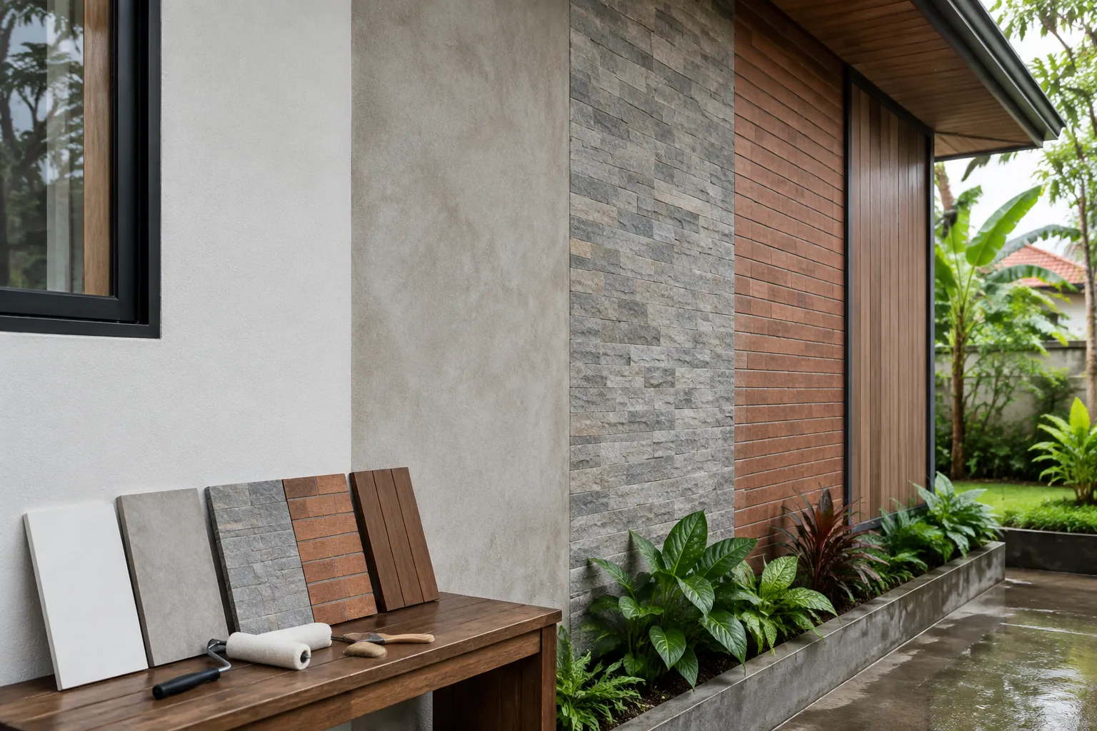 Dua tekstur finishing pada dinding rumah di tepi taman