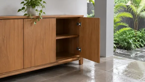 Kabinet kayu rendah di dekat jendela dengan pintu terbuka