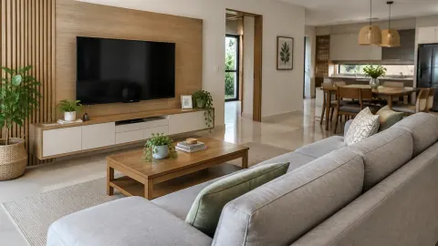 Ruang keluarga dengan sofa menghadap televisi dan meja makan di belakang