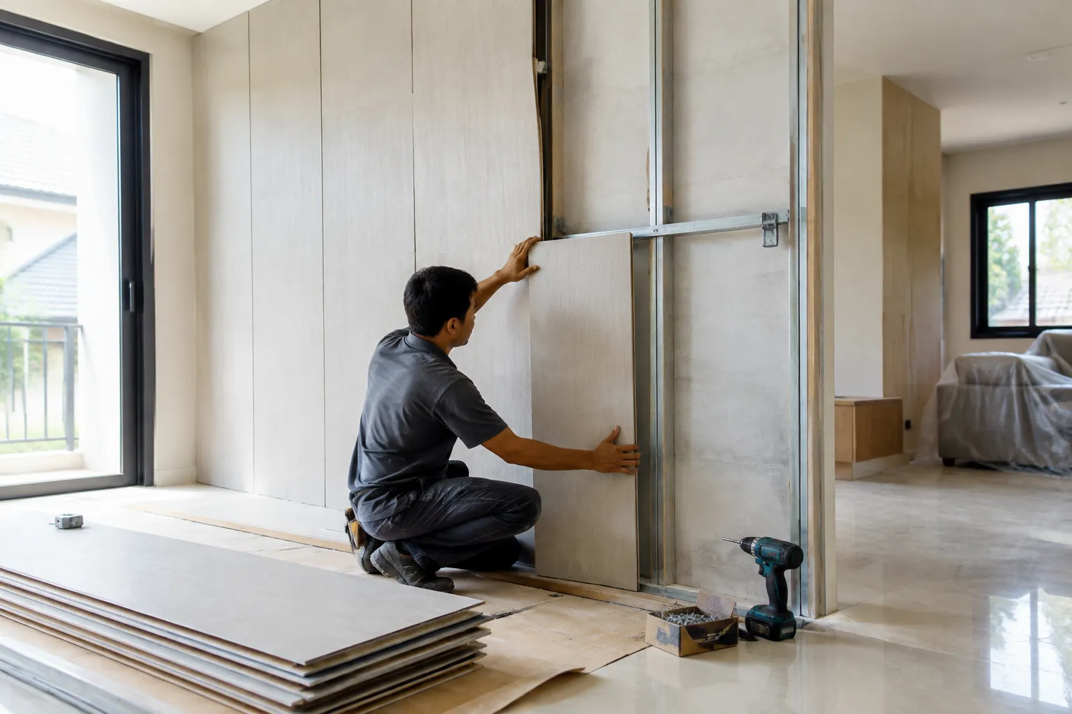 Satu pekerja memasang panel.