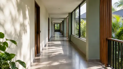 Lorong rumah beratap dengan bukaan ke taman dan cahaya matahari pada lantai