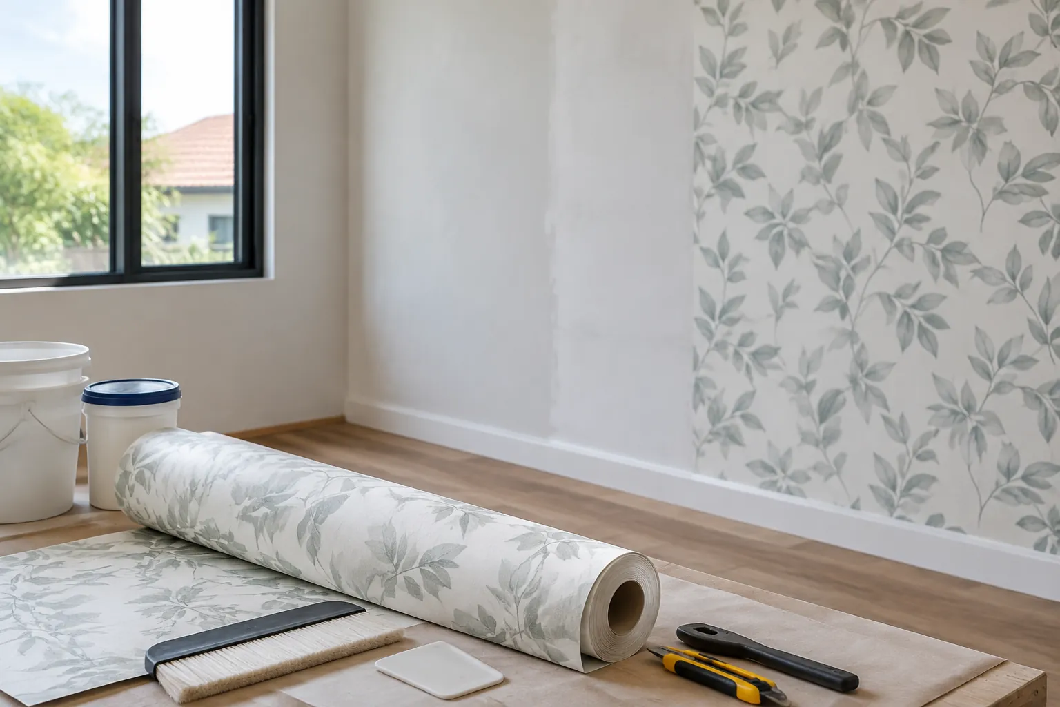 Gulungan wallpaper dan alat kerja di depan dinding bermotif