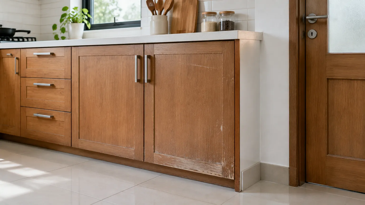 Kabinet dapur kayu dengan bidang pintu bernoda