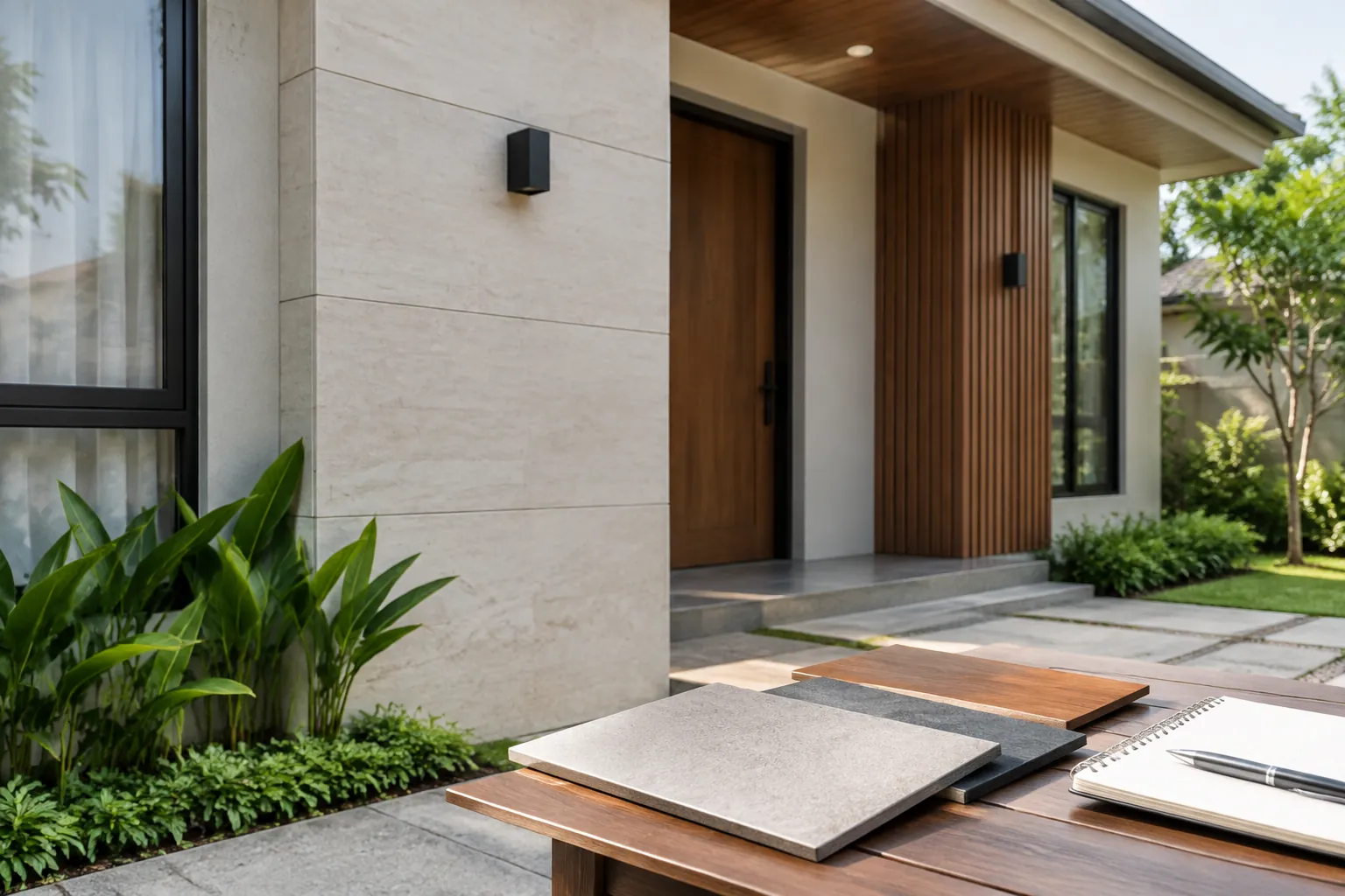 Contoh bahan fasad di meja depan rumah dengan naungan atap
