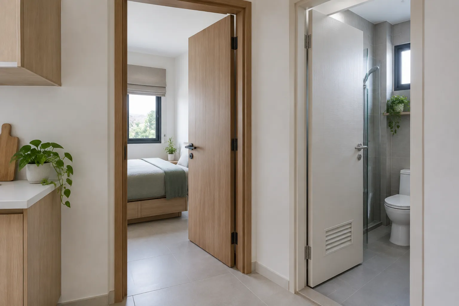 Pintu kamar dan pintu kamar mandi berdekatan dalam lorong kecil