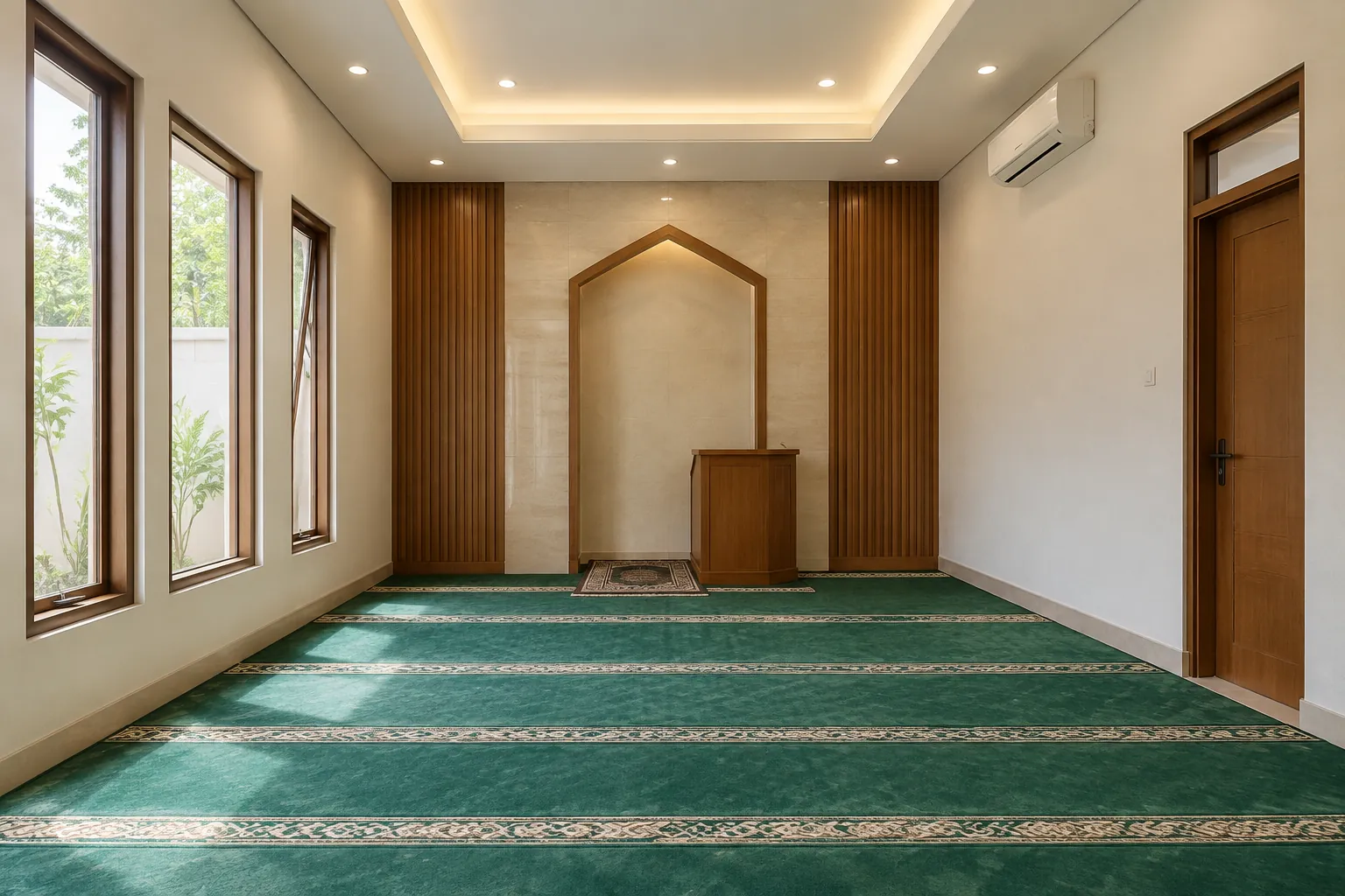 Interior mushola dengan karpet dan bidang dinding.