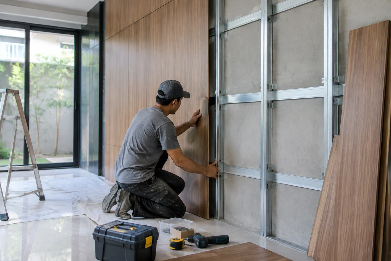 Pekerja memasang panel.