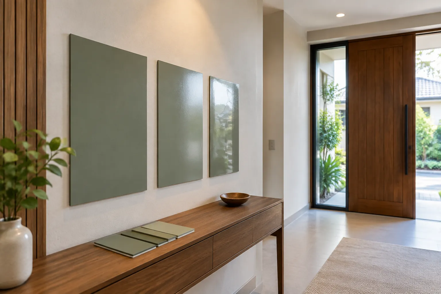 Beberapa sampel finishing dipasang pada dinding foyer