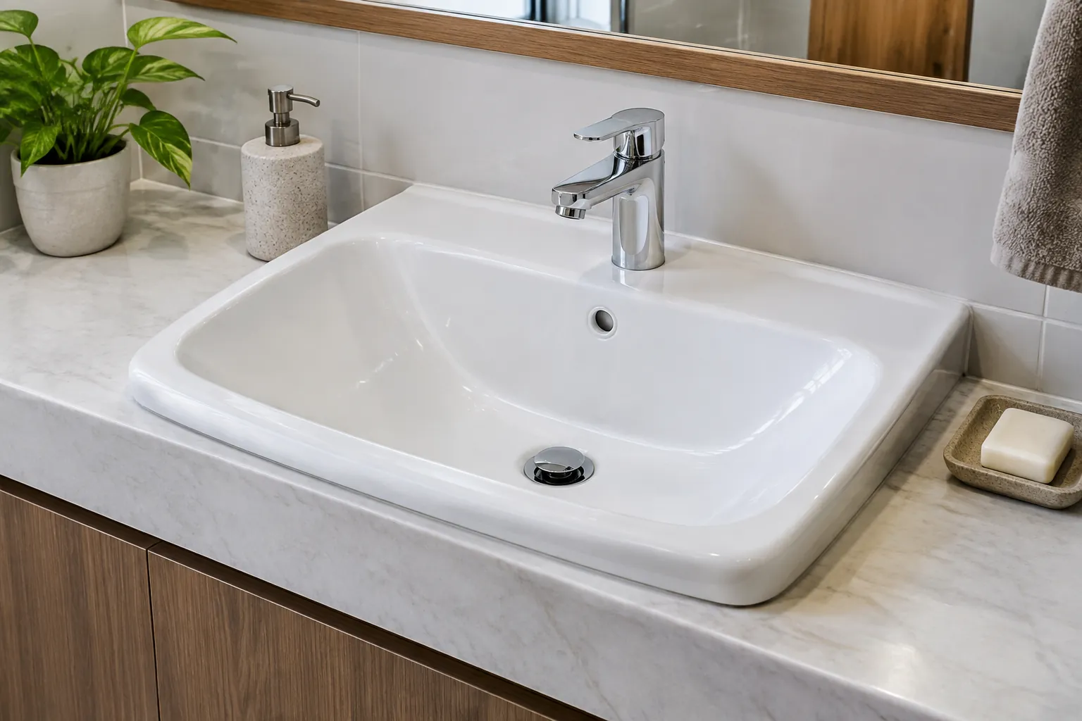 Wastafel keramik berglasir dipasang di atas countertop batu