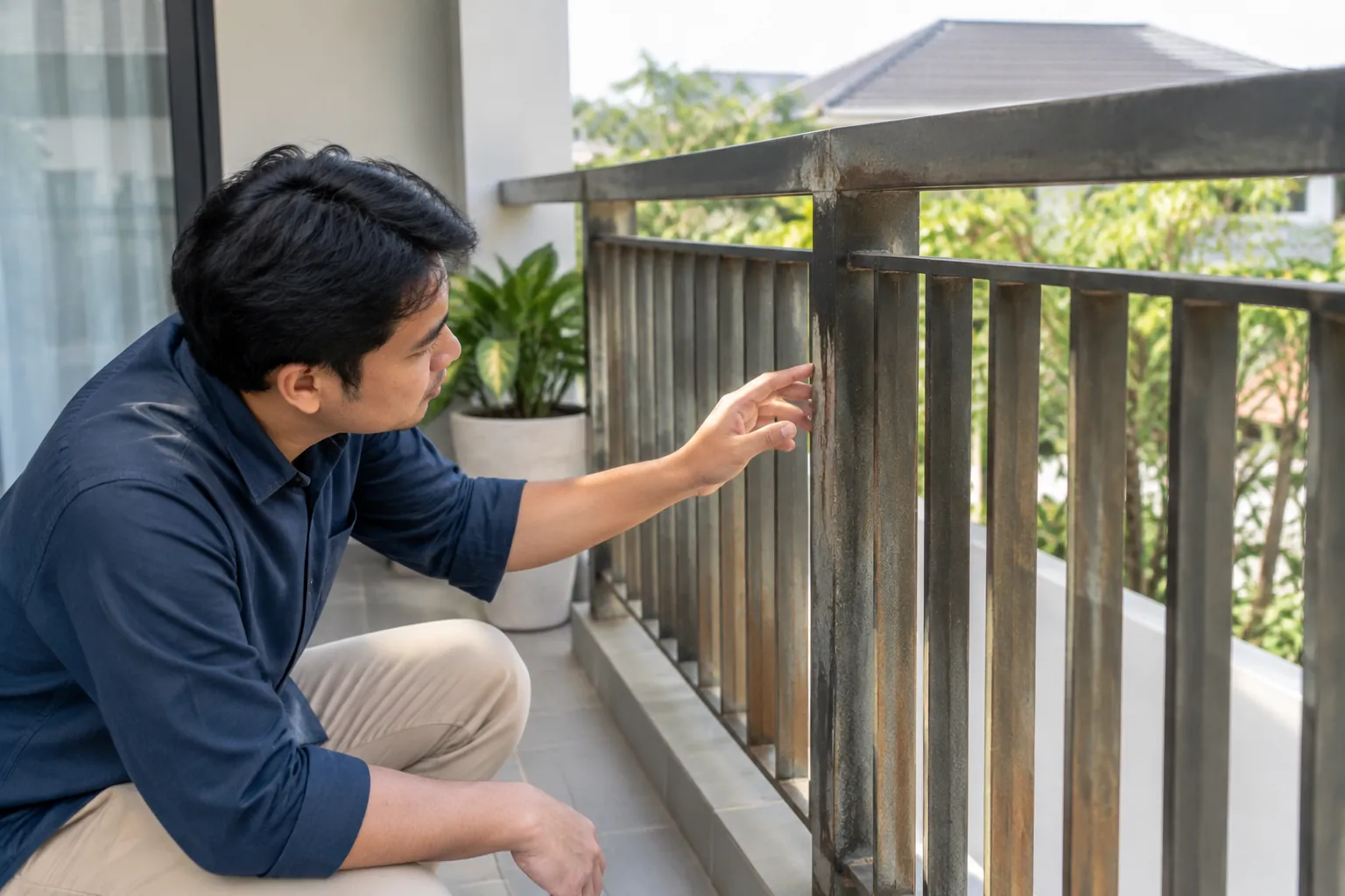 Perubahan warna tidak merata tampak pada finishing railing luar ruang